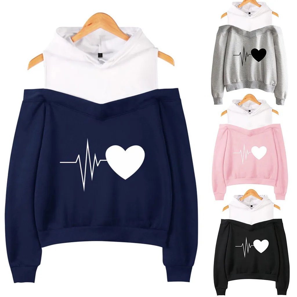 Женский свитшот с открытыми плечами и сердечком Повседневная Осенняя толстовка