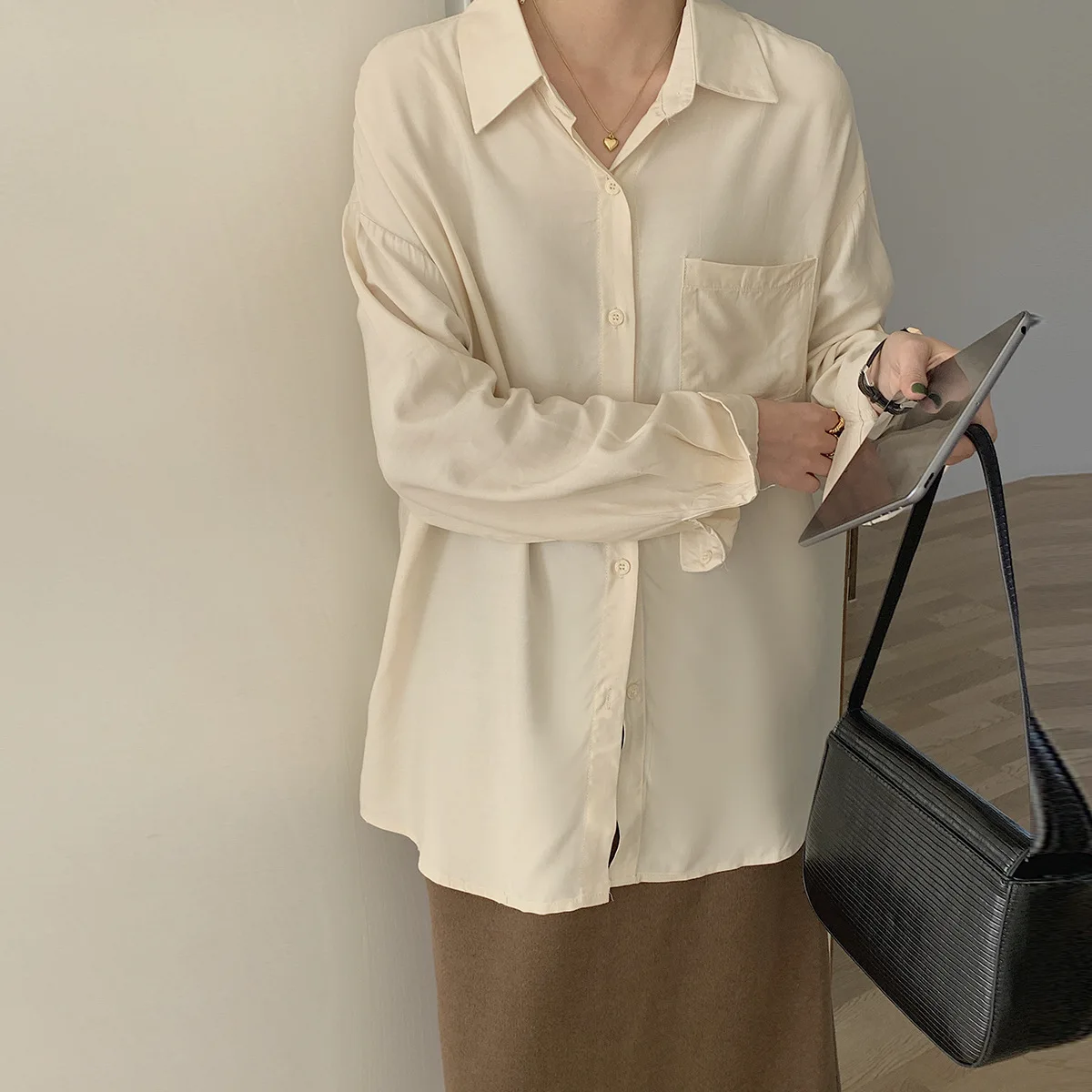

HXJJP Women Blouses Chiffon Shirts Long Sleeve Spring Black BF Loose All-match Fashion Tops Chic Womens Students Casual Simple