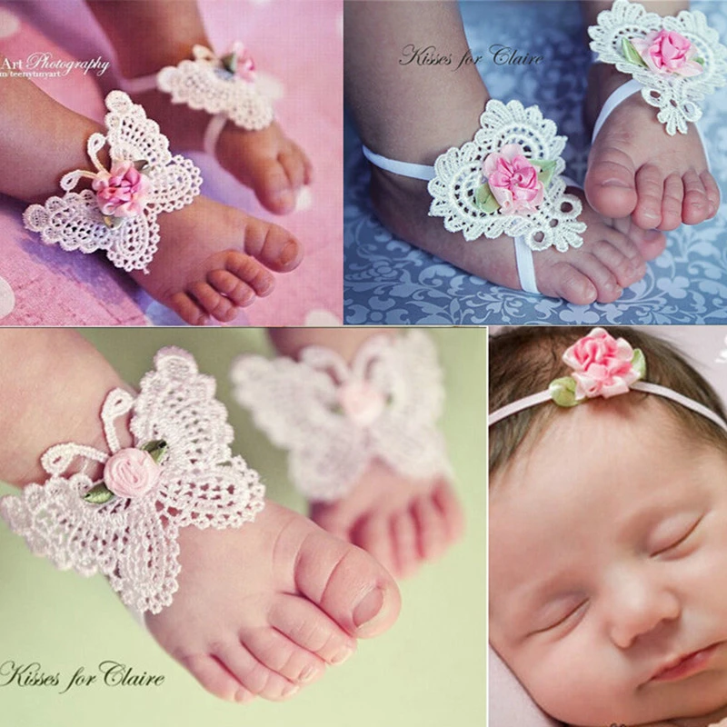 

Lace Flowers Baby Headbands Barefoot Sandals First Walkers Flower Foot Toddler Flower Shoes Newborn Baby Girls Accessories Set