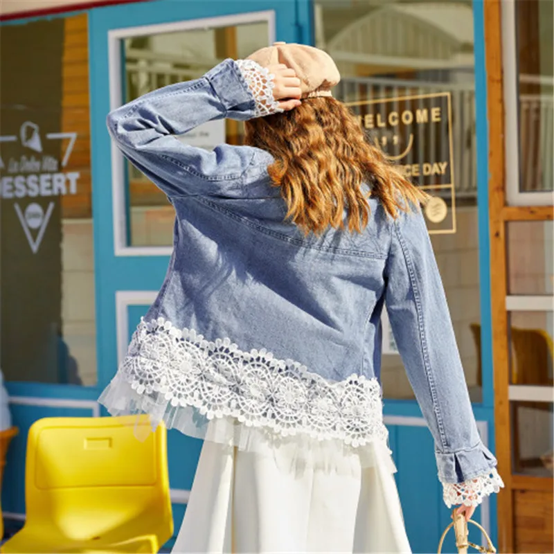 RUGOD/Модная Джинсовая куртка с жемчугом и бусинами женское элегантное кружевное