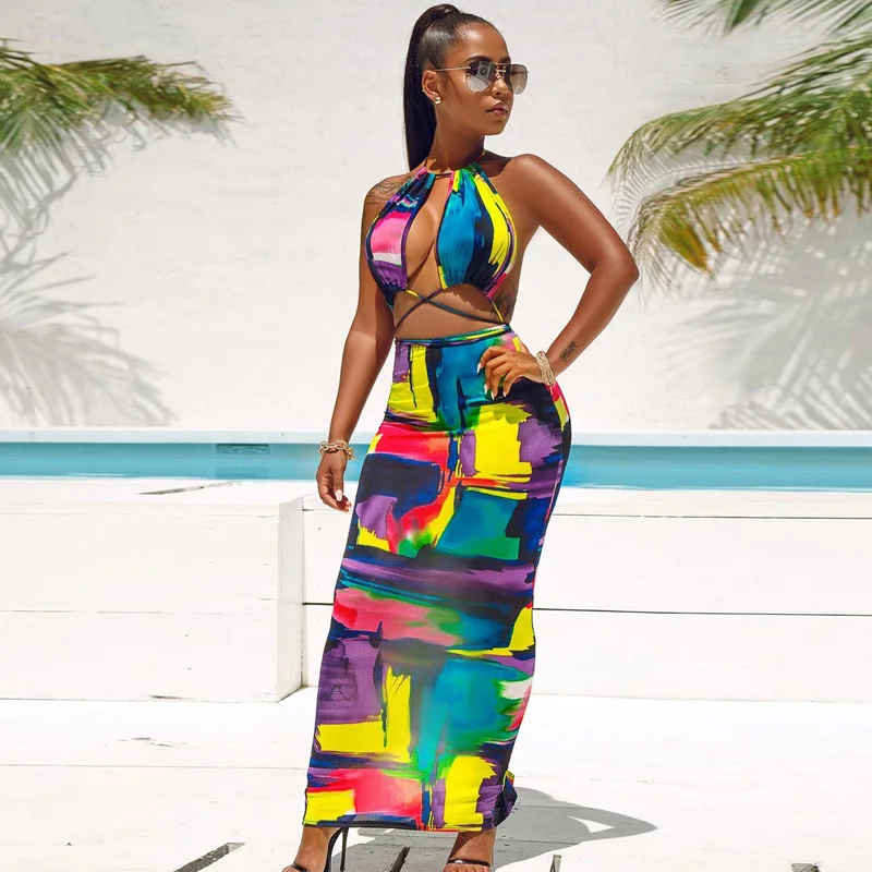 

Женские платья с лямкой на шее, с принтом в виде галстука-красителя, с открытой спиной, на шнуровке, летнее платье макси, модная уличная пляжн...