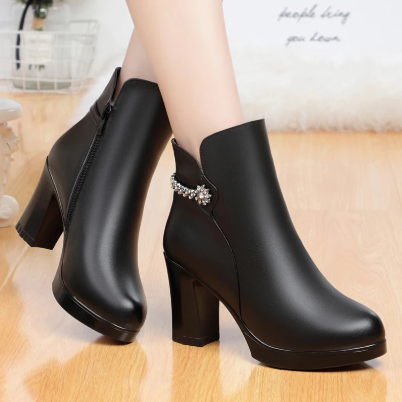 

italian brand designer women's leisure ankle boots sexy ladies high heels boot warm plush cow leather winter shoes botas mujer