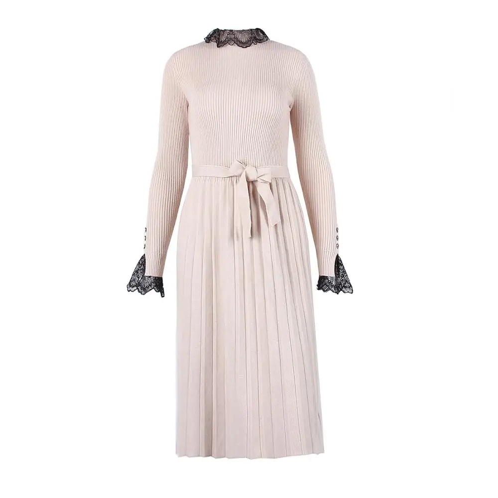 Повседневное кружевное вязаное платье с полувысоким воротником и бантом