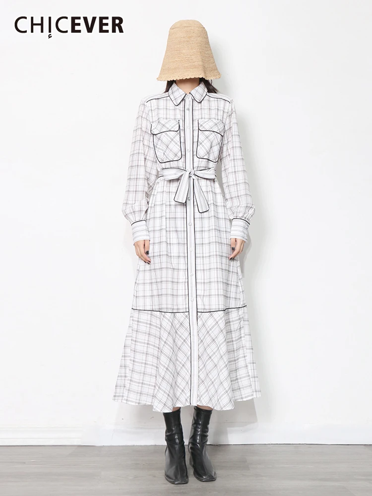 

CHICEVER Plaid Patchwork Double Pocket For Women Lapel Long Sleeve High Waist Lace Up Bow Dresses Female Fashion New Clothing
