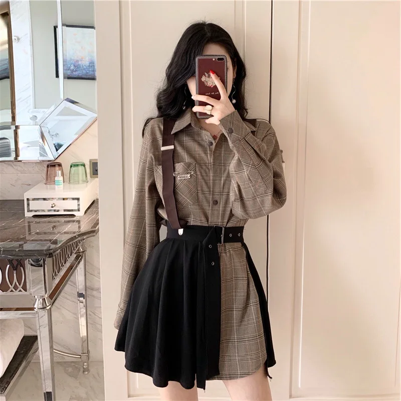 

Женский весенний костюм, новый костюм в западном стиле с холодным ветром, маленькая рубашка, плиссированное платье, комплект из двух предме...