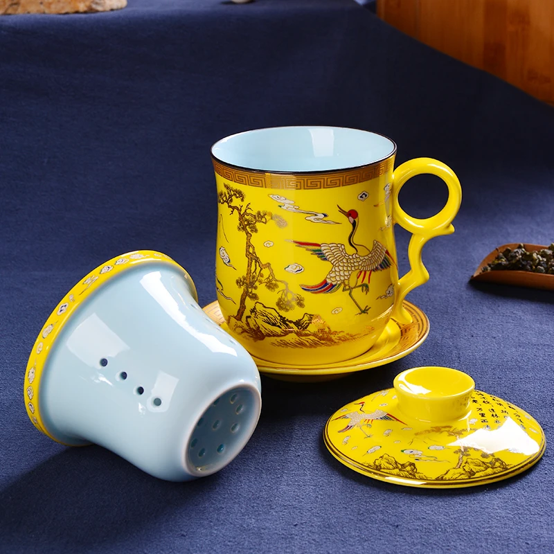 

Chinese Blue and White Porcelain Four-pieces Set Ceramic Filter with Cover Office Meeting Personal Teacup Elegant Dragon Tea Cup