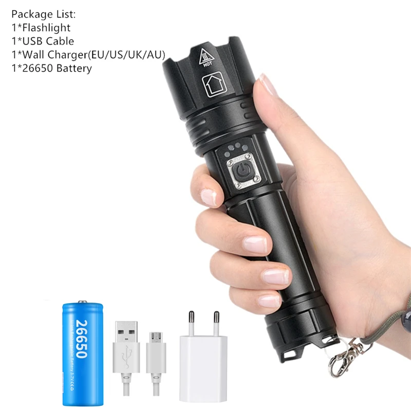Package H XHP70.2 50 Вт светодиодный фонарик фонарь USB перезаряжаемые фонари Масштабируемые Тактический Защитный мощный фонарик для кемпинга охоты - Испускаемый цвет: Package H