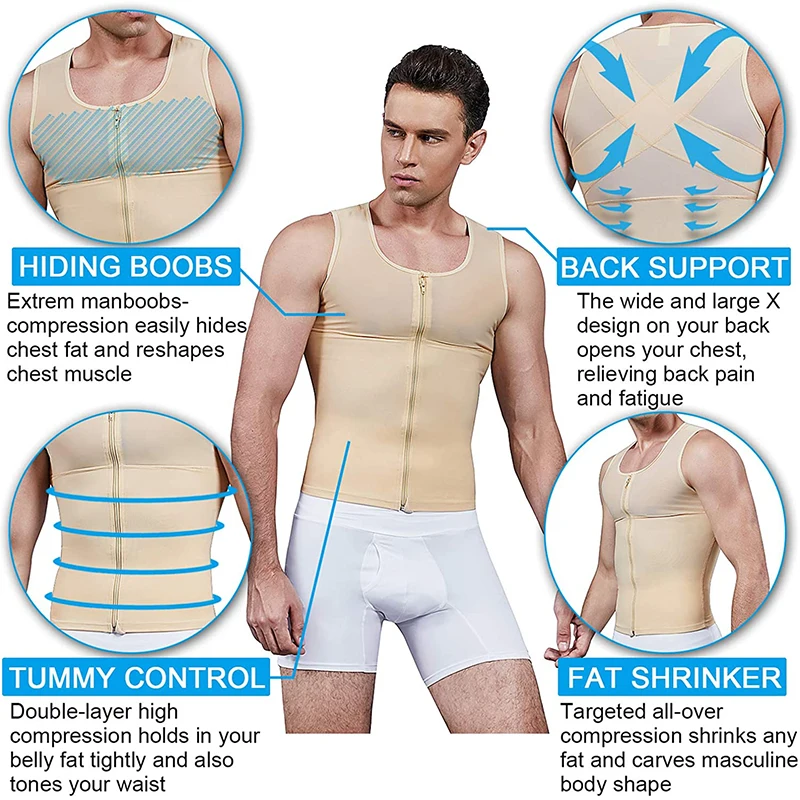 Для мужчин рубашка жилет для Похудения Body Shaper с застежкой молнией тонкие Тэнк Топ