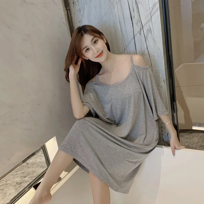 

Grey Nightgown Female Modal Sexy Suspender Sleepwear Summer New Nightdress Casual Sleep Dress Lingerie Loose Suspender Nighty