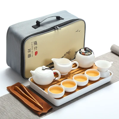 Качественный дорожный чайный набор кунг-фу чайник чашки gaiwan infuser chahai портативная коробка cozies деревянный бамбуковый поднос китайский чайный церемониальный набор - Цвет: SET 10