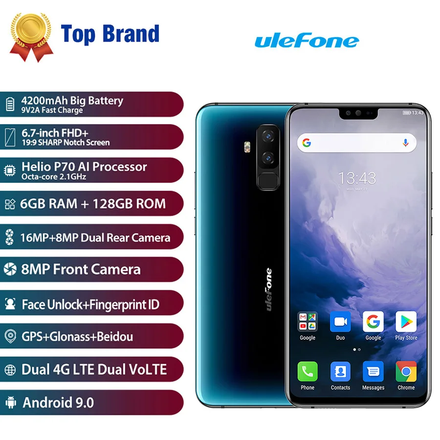 Ulefone T2 6,7 ''FHD+ Helio P70 6 ГБ 128 ГБ смартфон двойной 4G отпечаток пальца Лицо ID NFC Android 9,0 мобильный телефон 4200 мАч