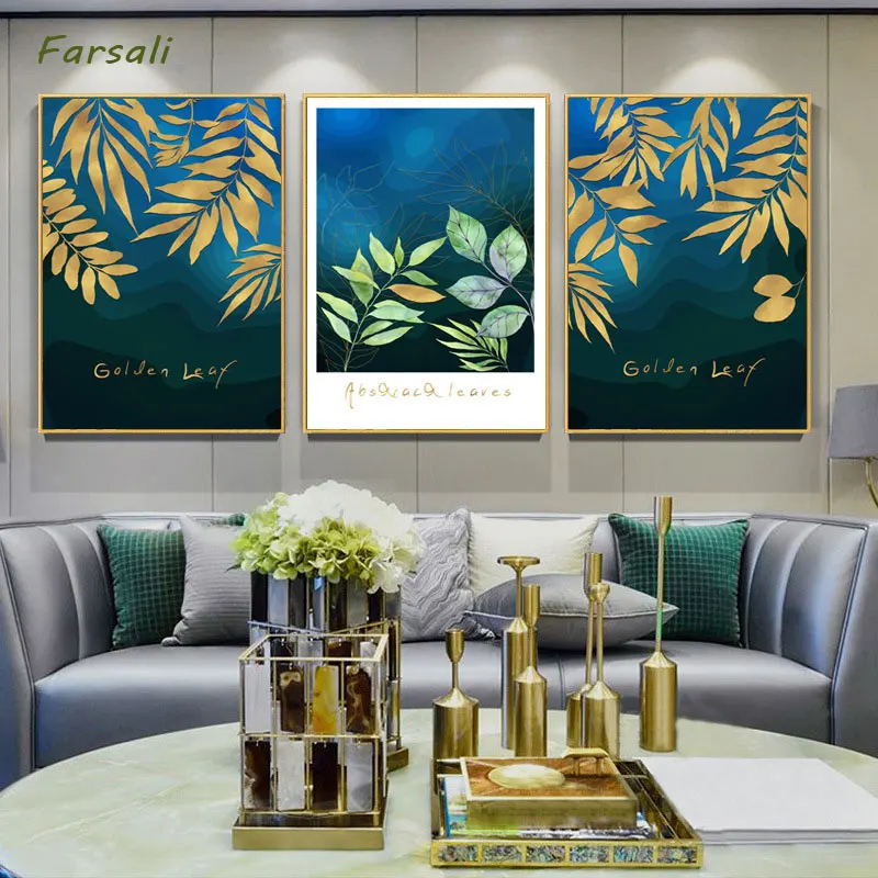 Картина с изображением золотого дерева и зеленых растений в скандинавском стиле