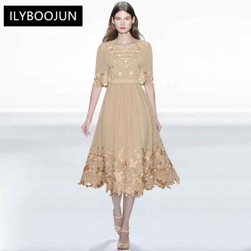

Fashion Designer dress Summer Women's Dress Short sleeve Beading embroidered Chiffon Vintage Party Dress