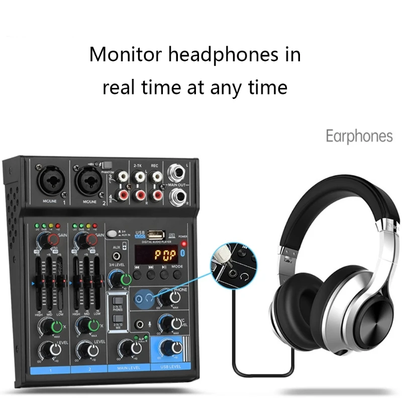 

J2FD Professional Mixe, Sound Board Console 4-Channel Digital USB Bluetooth DJ Controller 48V Power for stage Band Hom