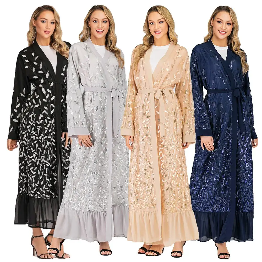 Дубай abaya кимоно кружева вышивка открытый кафтан леди мусульманское платье макси