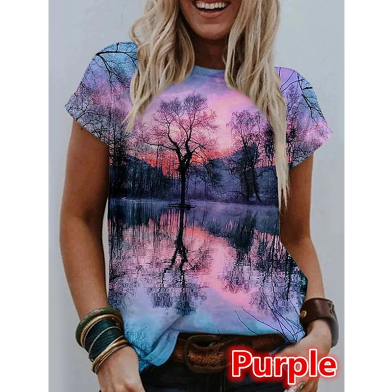 

Summer New Hedging Round Neck Landscape Printing T Shirt Women's Fashion Short Sleeved Top Plus Size Clothing