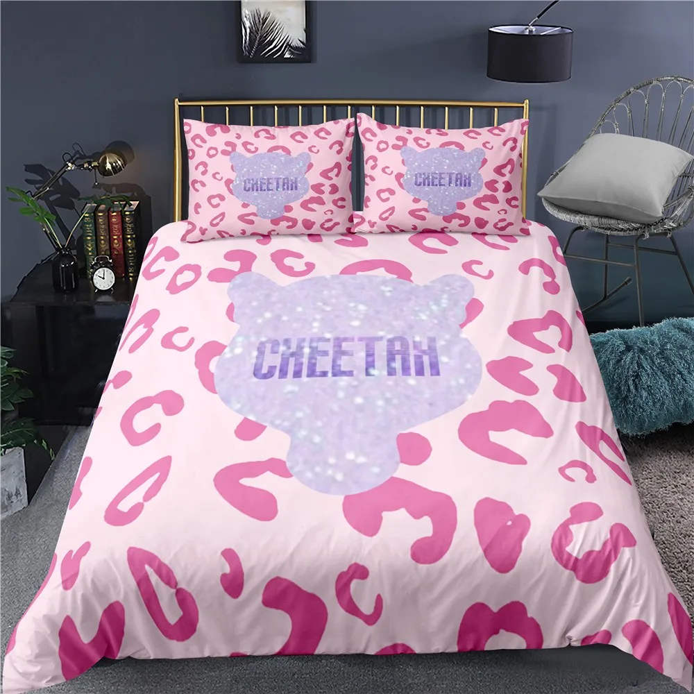 

2/3 Pieces Animal Texture Bedding Set 3D Print Cartoon Cheetah Duvet Cover Pink Leopard Background Bed Quilt Cover(No Sheets)