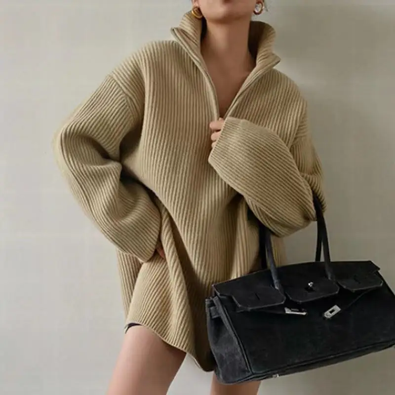 

Зимняя одежда, Женский пуловер оверсайз с длинным рукавом, одежда 2021, уличный стиль, вязаный женский свитер на молнии с длинным воротником Y2K