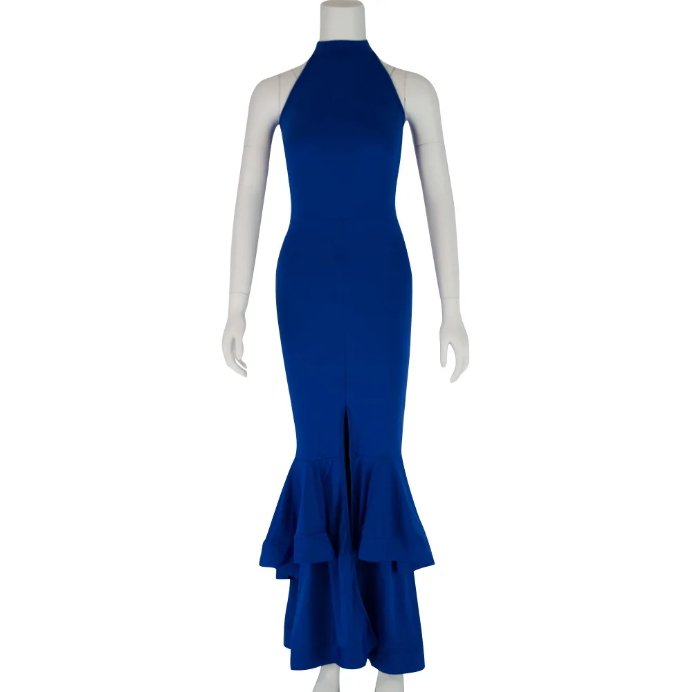 Royal Blue Сексуальная Bodycon вечерние платье Элегантное синее платье с рюшами и длинными Русалка Вечерние Для женщин без рукавов; сезон лето; женская обувь черного цвета с лямкой на шее Макси платья клуб - Цвет: Royal Blue