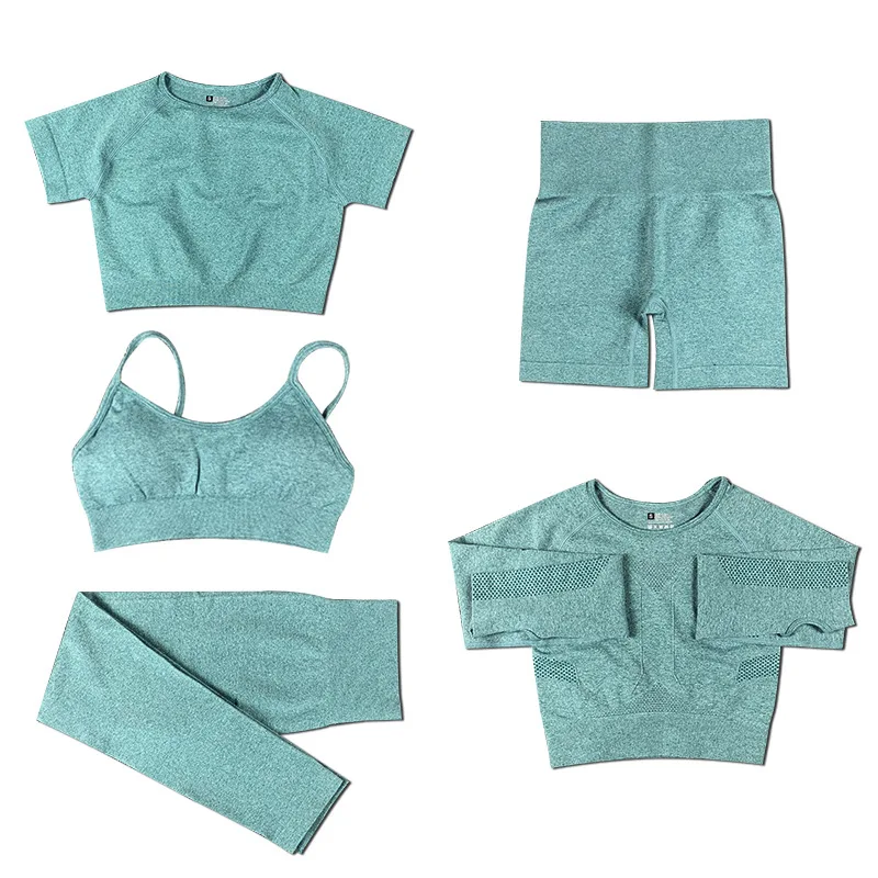 

New 5 PCS Women Seamless yoga set Fitness Sports Suits GYM Clothing Yoga T-Shirts+High Waist leggings+Bra+shorts Workout Pants