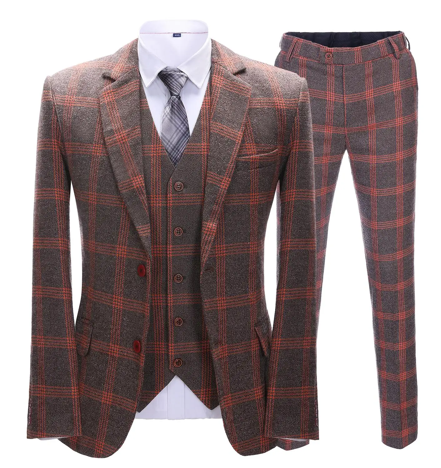 2021 new Style Mens Suits Three-pieces Orange Plaid Tuxedo Casual Fashion Blazer Groomsmen For Wedding (Blazer+ vest+Pants)