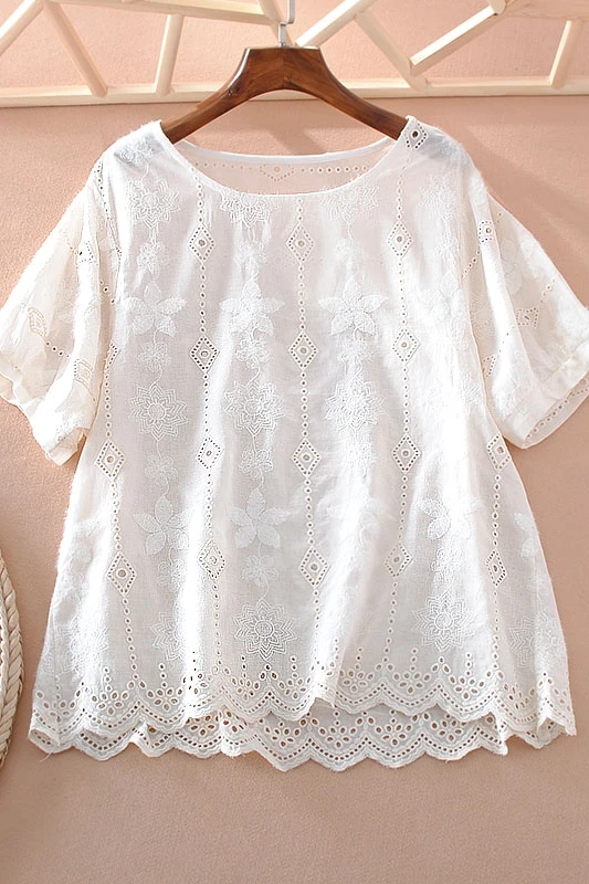 

VANOVICH Women's Blouses and Tops Hollow Embroidery Summer New 2021 Short Sleeve Ladies Blouses and Tops Temperament Tops