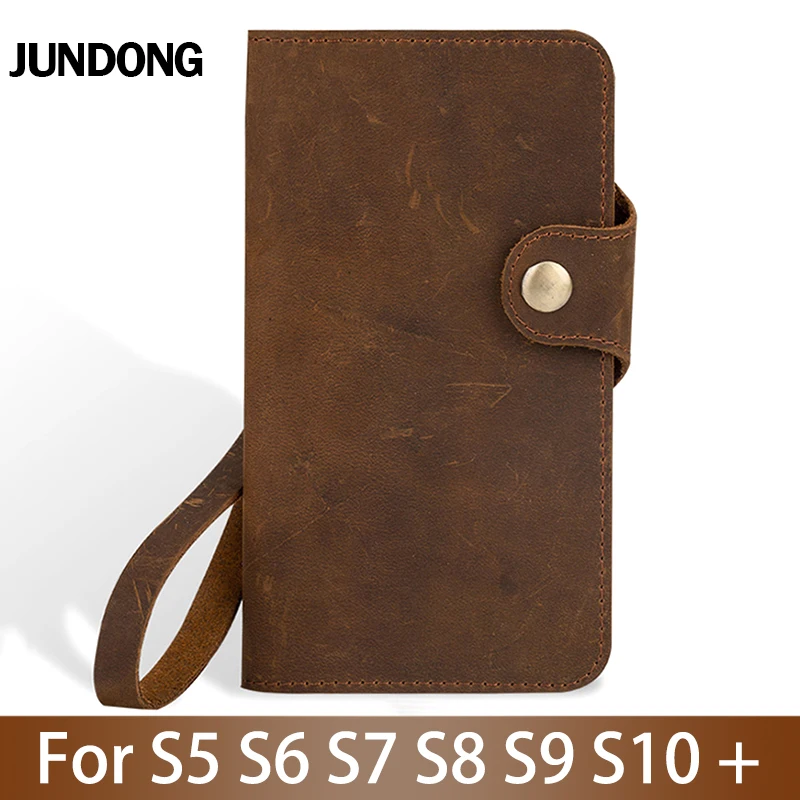 

Leather Flip Phone Case For Samsung S3 S4 S5 S6 Edge plus S7 edge S8 S9 S10 Plus case Crazy horse skin Card slots Cover