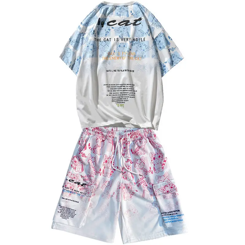 

2021 Summer New Thin Sportswear Set Men's Short Sleeve T-shirt Fashion Brand Ruffian Handsome Basketball Shorts Tracksuit Men