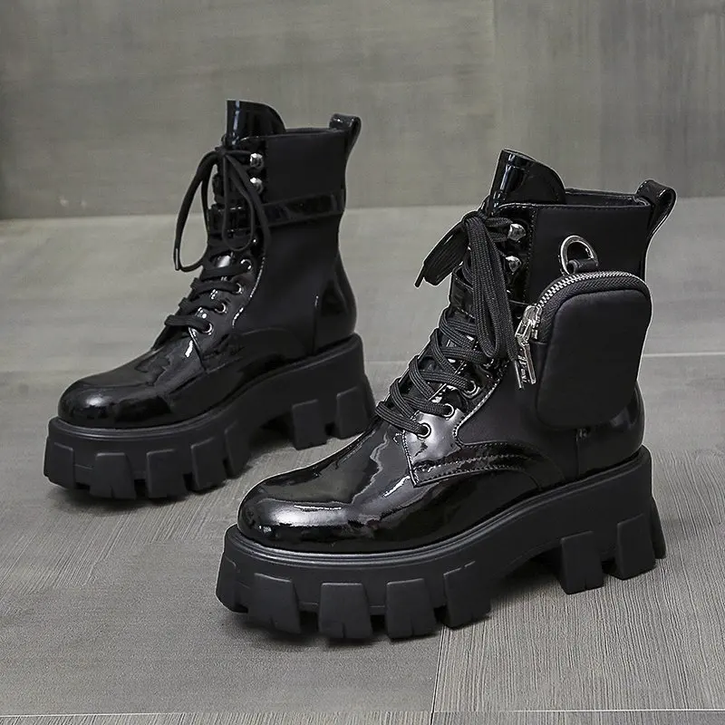 

2020 New Women Platform Motorcycle Boots Black Fashion Designer Pocket Decoration Winter Women Thick Bottom Shoes Woman Boots