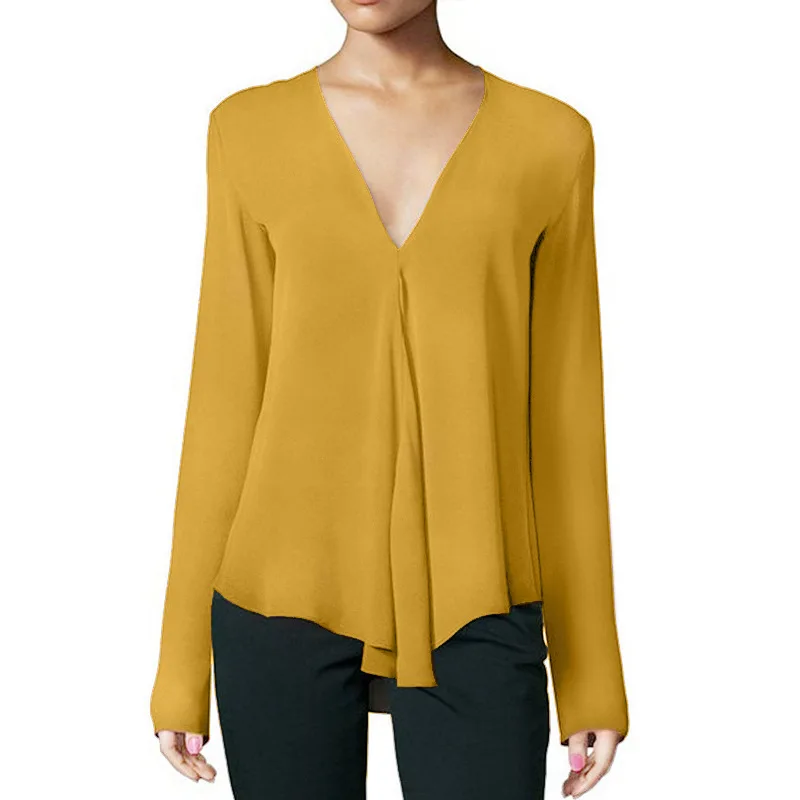 

Elegant Long Sleeve Chiffon Blouse Sexy V-neck Women Shirt Top Blouses Korean Casual Solid Office Shirt Lady Blouse Shirt