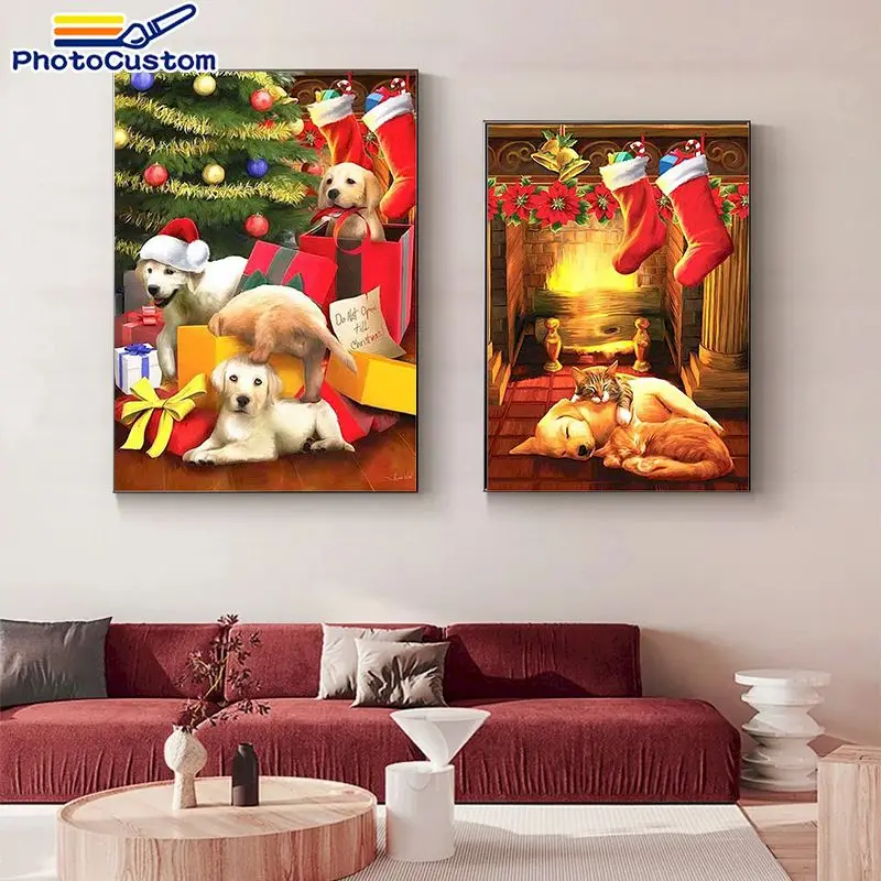 

PhotoCustom DIY Painting By Numbers Cat and Dog Picture Christmas Oil Painting Canvas Zero Basis Drawing DIY Gift Home Wall