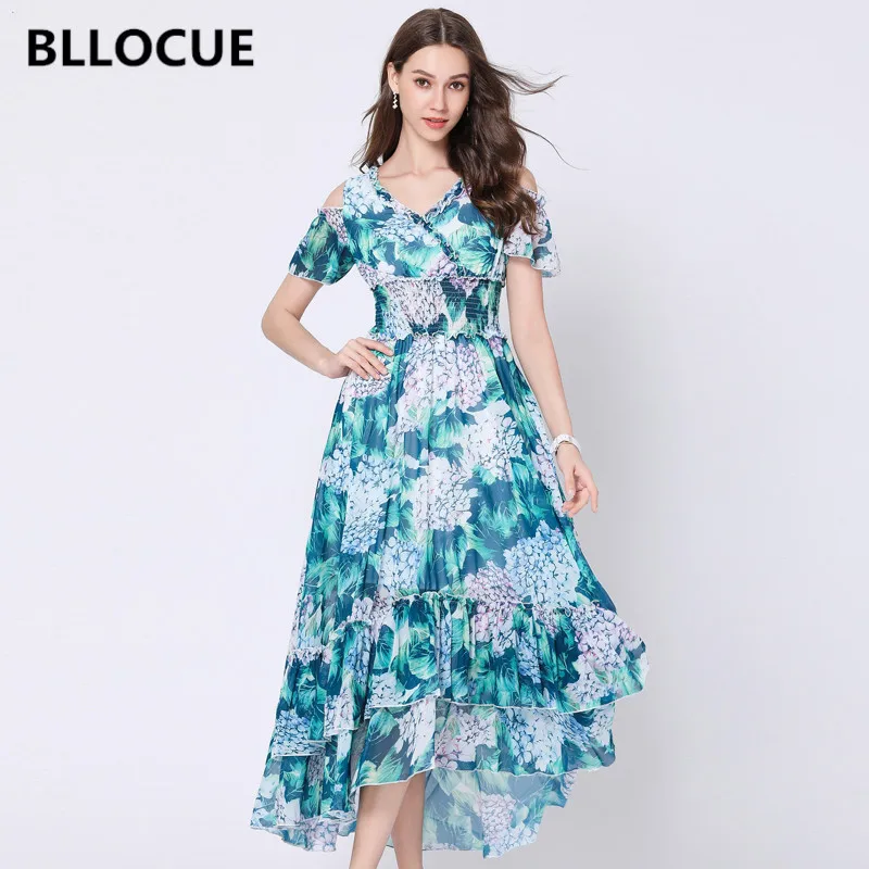 

BLLOCUE Runway Designer Vintage Flower Print Dress Summer New Women's V-neck Strapless High Waist Ruffled Maxi Dress