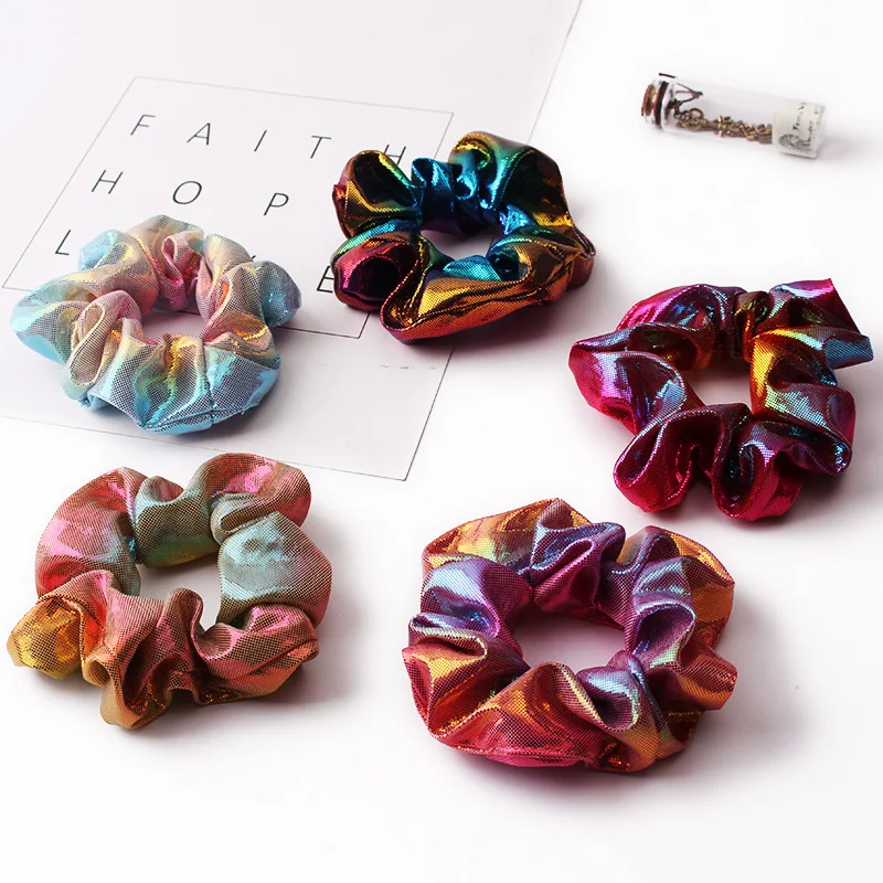 

Hot Ins Style Laser Hair Scrunchy Female Flash Rainbow Color Hair Scrunches Turban Hair Bands Girls Vintage Rubber Bands