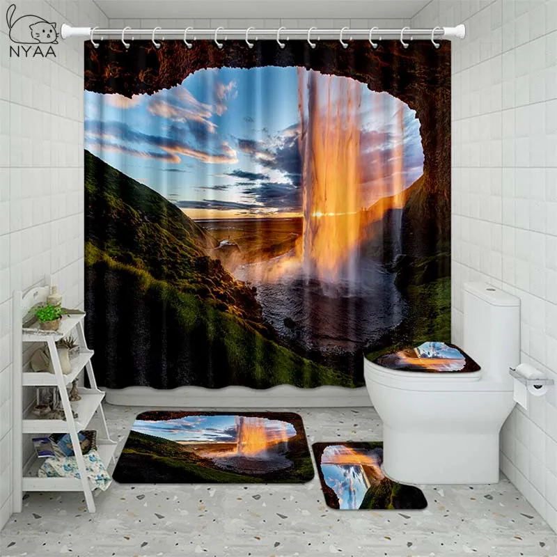 Offerte 3D Cascata Scenario Tenda Da Doccia Impermeabile Bagno Paesaggio Alberi Fiore Tappetino Da Bagno Set Piedistallo Coperchio Coperchio Wc
