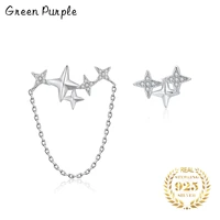 green purple real 925 sterling silver asymmetry dazzling zircon stars chain stud earrings for women party jewelry brincos gifts
