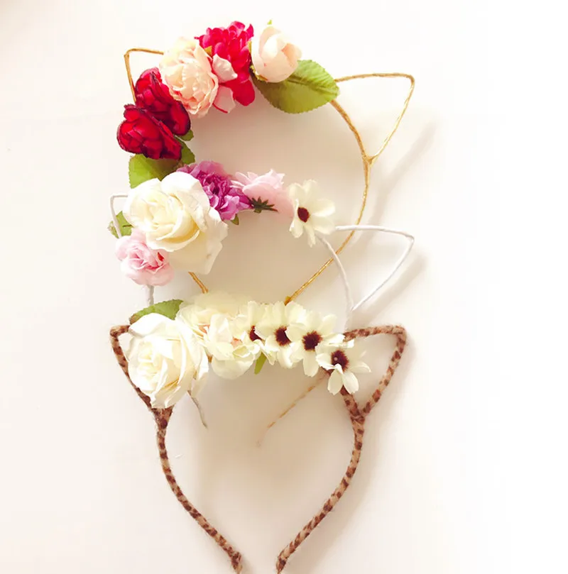 Повязка для волос с цветами девочек детские кошачьи ушки искусственными