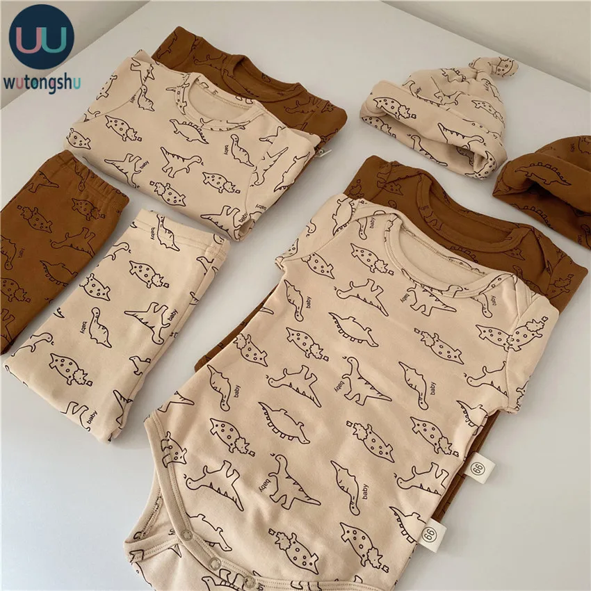 

3pcs Baby Boys Girls Clothes Sets Cartoon Dinosaur Newborn Clothes Sets Baby Cotton Romper + Pant + Hat Infant Kids Clothes