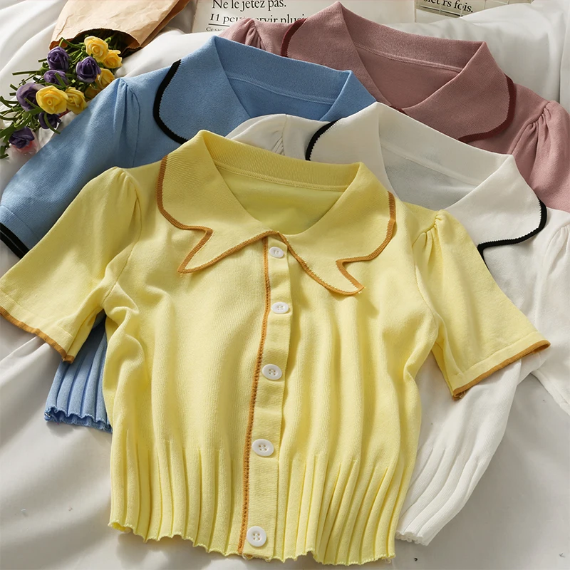 

2021 Summer Women Knitted Short Sleeve Patchwork Polo Collar Cropped T-shirts Girls Large Elastic Slim Tshirt Tees Crop Tops