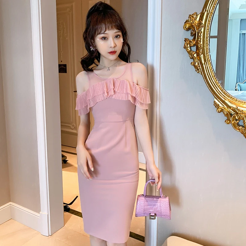 

Fashion Vintage Korean Sexy Strapless Sleeveless Mesh Patchwork Midi Party Dress Ladies Elegant Coffee Break Split Pencil Dress