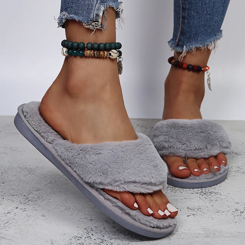 

COOTELILI Women Slippers Winter Shoes For Woman Home Slippers Faux Fur Slippers Flats Flip Flops 2cm Heel Basic Slippers 36-41