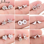 Мини из нержавеющей стали серьги-гвоздики с животными для женщин и детей, милая кошачья лапа, единорог, динозавр, серьги, ювелирные изделия, аксессуары для ежиков