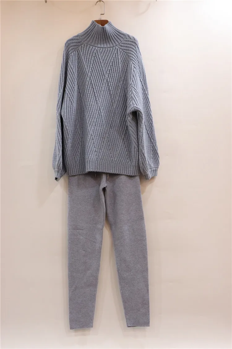 light blue Роскошный комплект из 2 предметов, 45% кашемир+ 30% шерсть, Женский костюм с высоким воротником и рукавом-фонариком, норковый кашемировый Вязаный топ+ шерстяные штаны, комплекты F700 - Цвет: light blue