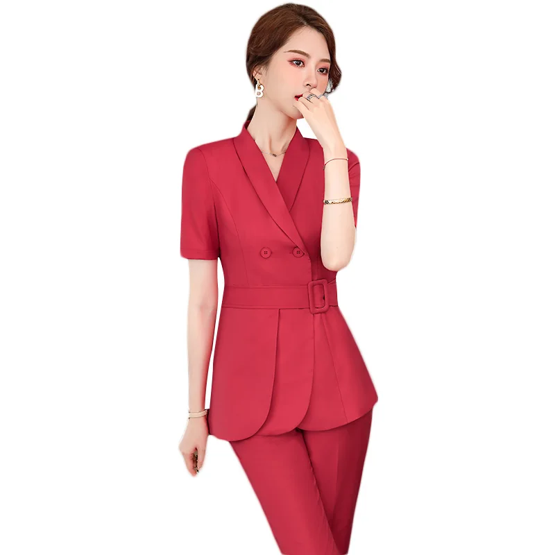 

Latest Spring Summer Fashion Women Pant Suit For Office Ladies Black Red Gray Ruffle Hem Blazer Jacket and Trouser 2 Pieces Set
