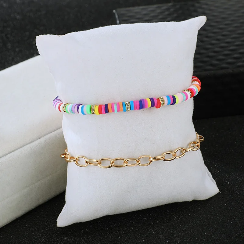 

New bohemian multicolored anklet female color rice beads geometric alloy chain 2 piece set foot ornaments Bracelet