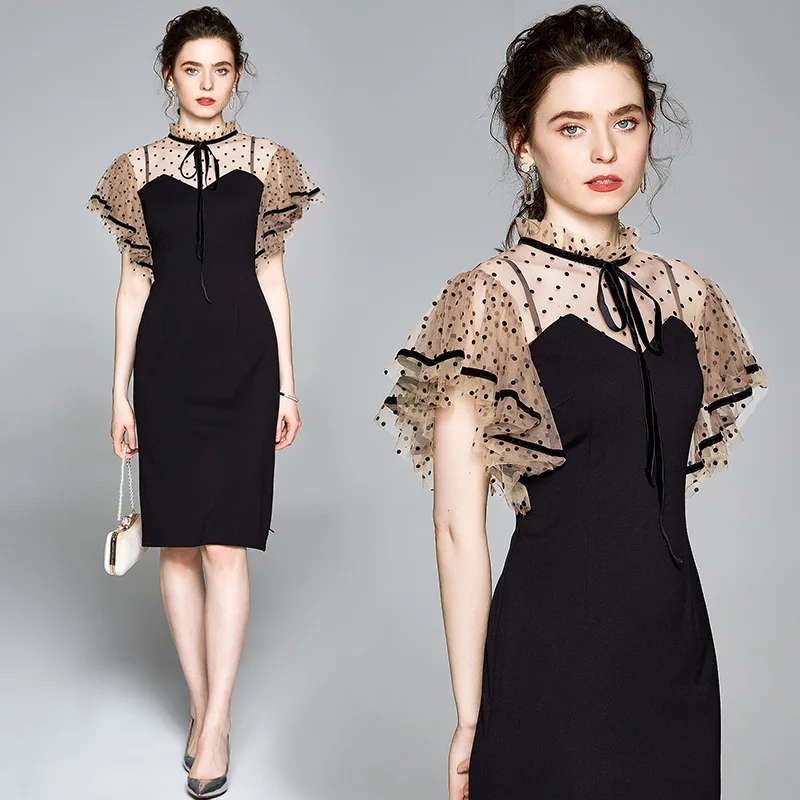 

Fashion Female Dress Runway Summer Pencil Dress Vintage Mesh Wave Point Patchwork Butterfly Sleeve Sexy Bag Hip Black Dress