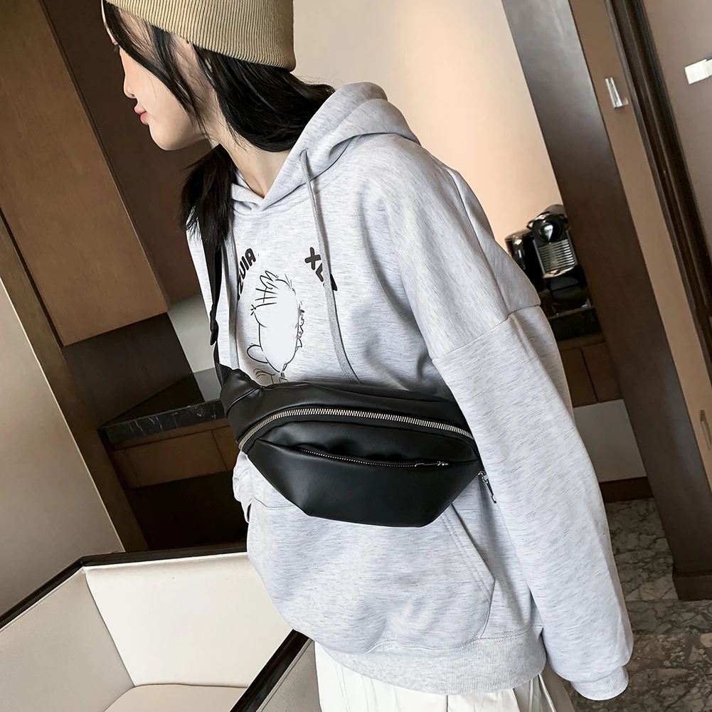 

Забавные поясные сумки для женщин, модные однотонные дамские нагрудные сумочки из искусственной кожи на молнии, мессенджеры, женские кошел...