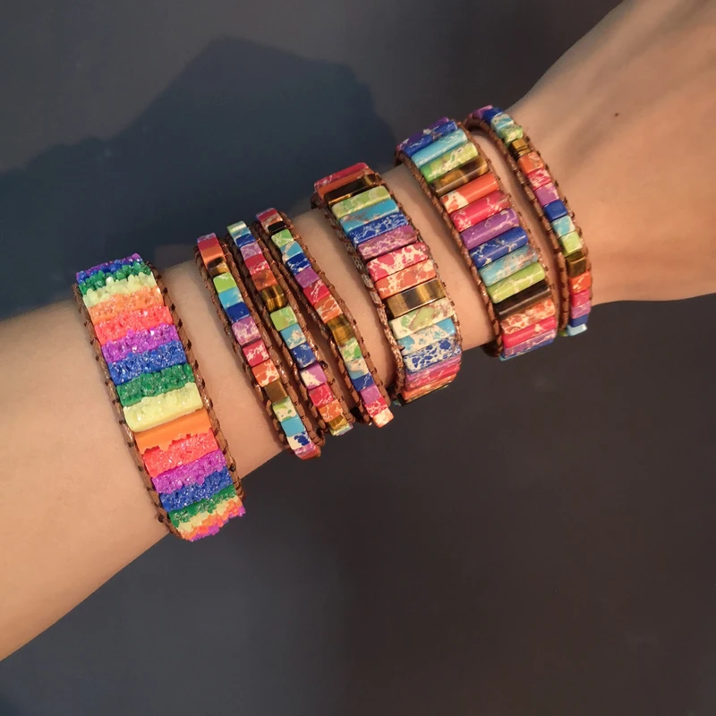 

Multi Color Natural Stone Handmade Rainbow 7 Chakra Bracelet Jewelry Tube Beads Leather Wrap Bracelets for Couples Fashion Gifts