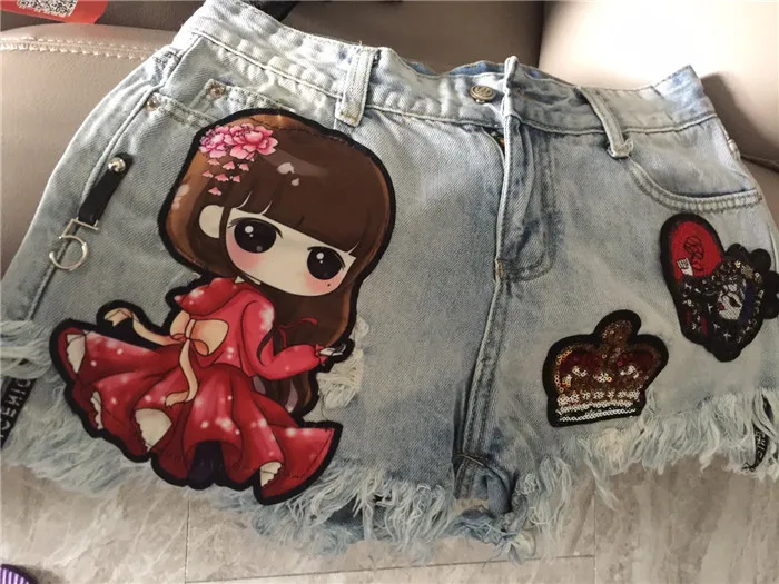 Новый летний Джинсовые шорты тяжелый Бисер слон шикарные блестящие с рваными