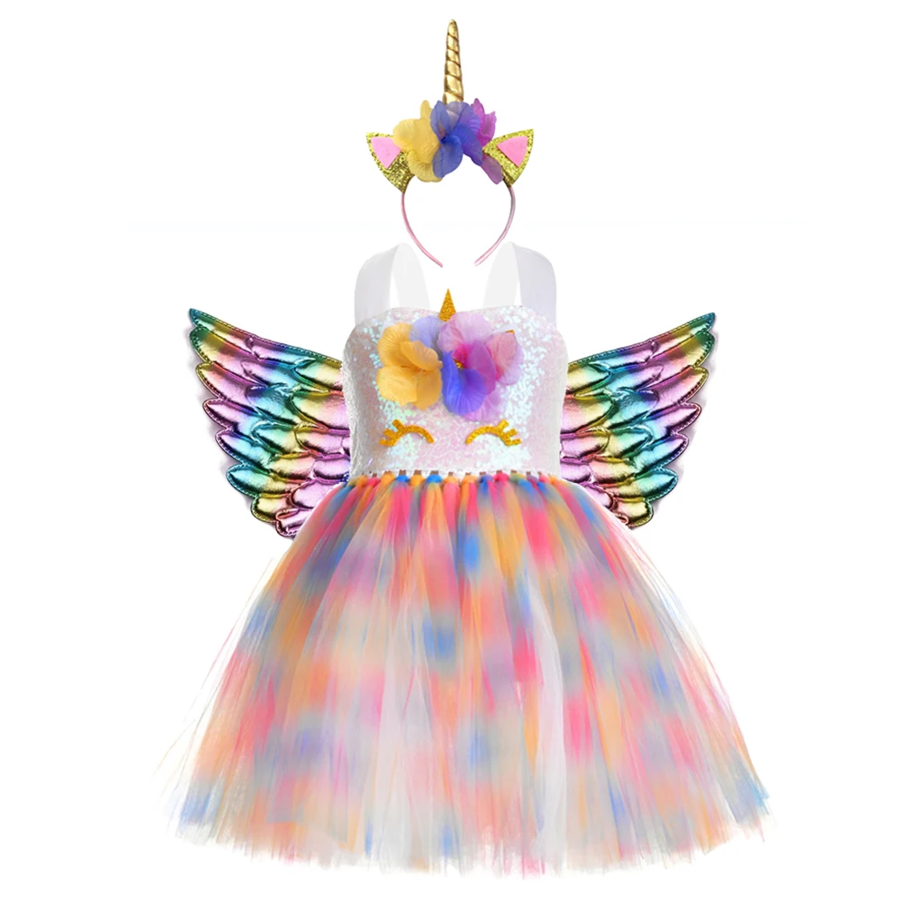 Rainbow Sequin Tulle Tutu Unicorn Dress Girls Flower Birthday Party Vestido Unicornio Summer Princess Kid Costume | Детская одежда и