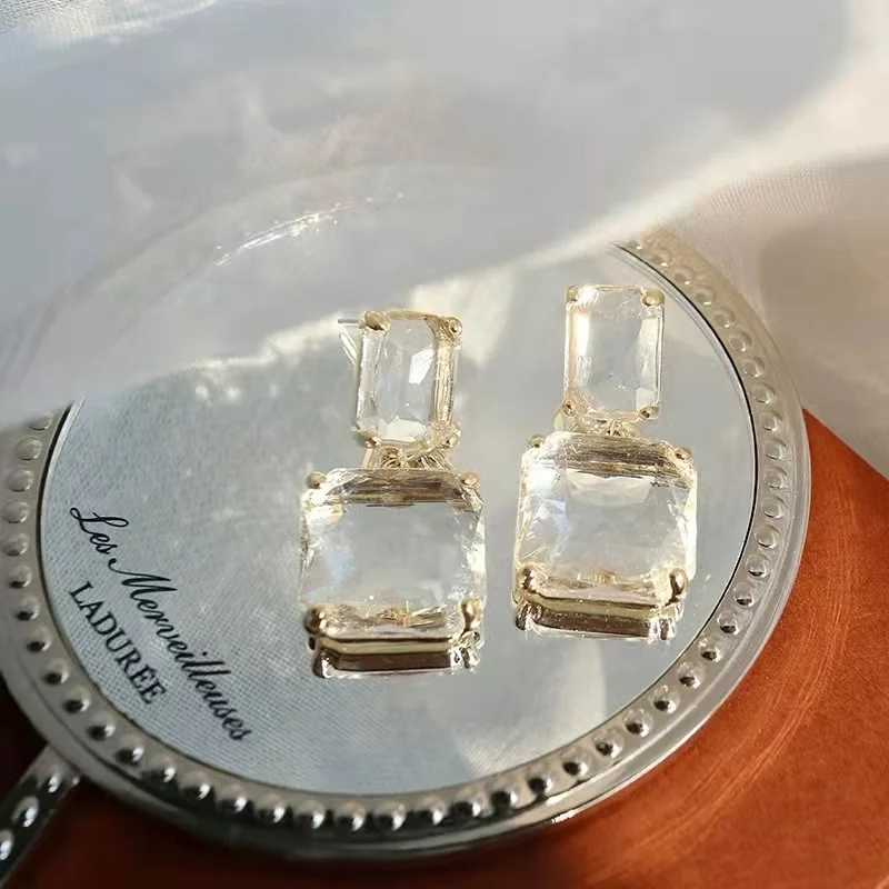 

Silver needle transparent geometric square crystal earrings European and American exaggerated design earrings free shipping